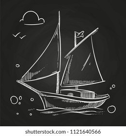 Hand sketched boat on blackboard. White chalk vector sailboat in ocean doodle illustration