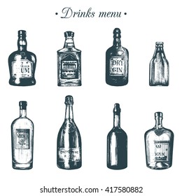 Hand sketched bottles of alcoholic beverages: rum, tequila, gin, beer, vodka, champagne, wine, cognac. Vector illustrations set of drinks.