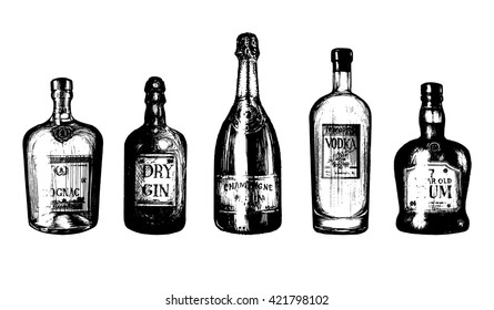 Hand sketched bottles of alcoholic beverages: rum, gin, vodka, champagne, cognac. Vector illustrations set of drinks.