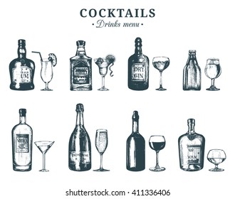 Hand sketched bottles and glasses of alcoholic beverages. Vector set of drinks and cocktails. Restaurant, cafe, bar menu illustrations:rum,tequila,margarita,gin tonic, beer,vodka,champagne,cognac etc.