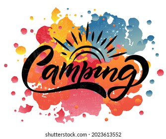 Hand sketched camping lettering typography. Concept for hiking camp, camping, night fishing camp, summer camp. Camping logotype, badge, icon. Camping logo, banner, flyer 