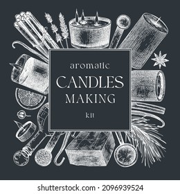Hand sketched candle-making card design on chalkboard. Vintage candles, herbs, wax,  spices, skewers hand drawings square wreath. Perfect template for aromatherapy, hobby, handcrafts, candle making
