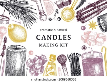Hand sketched candle-making ingredients banner in color. Vintage candles, herbs, wax, fruits, spices, skewers hand drawings background. Perfect for aromatherapy, hobby, handcrafts, candle making.