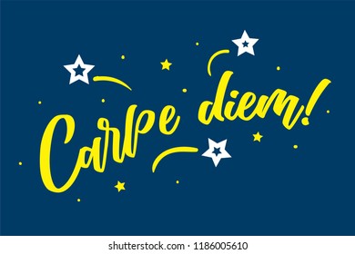 Hand sketched Carpe diem lettering typography. Drawn inspirational quotation, motivational quote. Fortune logotype, badge, poster, logo, tag stars. Banner on blue background. Vector illustration