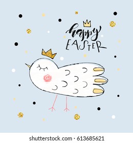 Hand sketched cartoon doodle bird and Happy Easter text as logotype badge icon. Vector illustration as postcard card invitation poster banner print. Lettering typography