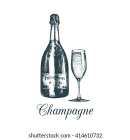 Hand sketched champagne bottle and glass. Vintage vector illustration of sparkling wine set for cafe, bar, restaurant menu. Celebration design concept.