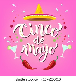 Hand sketched Cinco de Mayo text. May 5, federal holiday in Mexico. Fiesta banner and poster design with chili pepper, Mexican hat sombrero and decorations. Vector illustration.