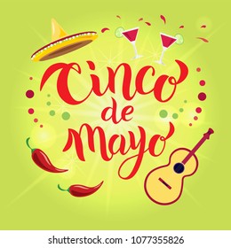 Hand sketched Cinco de Mayo text. May 5, federal holiday in Mexico. Fiesta banner and poster design with chili pepper, Mexican hat sombrero and decorations. Vector illustration.
