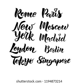 Hand sketched city names. London, Paris, Berlin, Madrid, New York, Rome, Singapore, Tokyo, Moscow. Vector illustration. Great for clothing, logo, badge, icon, card, sticker, poster, in