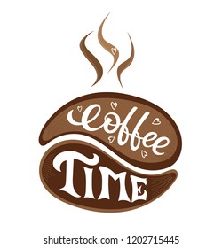  Hand sketched Coffee Time lettering typography in colors of cappuccino. Fortune logotype, badge, poster, logo, tag.  Vector illustration.