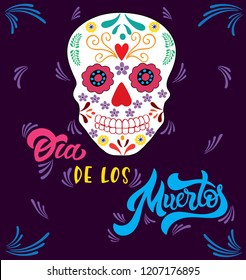 Hand sketched colorful Dia de los Muertos typography lettering with skull isolated on dark violet background. Vector illustration.