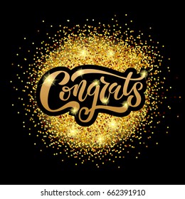 Hand sketched "Congrats" lettering typography. Drawn art sign. Motivational text. For logotype, badge, icon, card, postcard, logo, banner, tag. Celebration vector illustration on textured background.