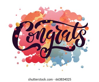 Dibujo manual de tipografía con letras "Congrats". Signo de arte dibujado. Texto motivacional. Para logotipo, placa, icono, tarjeta postal, logotipo, banner, etiqueta. Ilustración vectorial de celebración en fondo texturado.