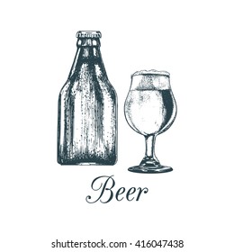 Hand sketched craft beer bottle and glass. Vector lager illustration. Graphic design concept for bar, cafe, restaurant alcoholic menu.