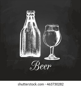 Hand sketched craft beer bottle and glass. Vector lager illustration on chalkboard. Graphic design concept for bar, cafe, restaurant alcoholic menu.