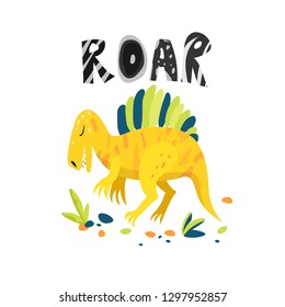 Hand sketched cute vector dinosaur with word Roar. Good for kid's t-shirts, banner, card, logo, poster template. Vector illustration.