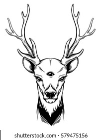 Hand sketched deer. Illustration of deer's  portrait with tree eyes. Alchemy, religion, spirituality, occultism, tattoo art, coloring books. Template for card, poster, banner, print for t-shirt.