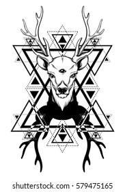 Hand sketched deer. Illustration of deer's  portrait with tree eyes. Alchemy, religion, spirituality, occultism, tattoo art, coloring books. Template for card, poster, banner, print for t-shirt.