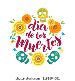 Hand sketched Dia de Muertos text, day of the Dead spanish text lettering. Vector illustration. Good for poster, card, banner template.