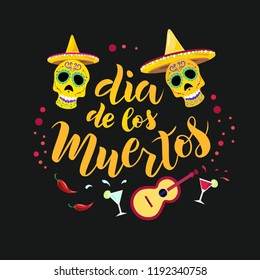 Hand sketched Dia de Muertos text, day of the Dead spanish text lettering. Vector illustration. Good for poster, card, banner template.