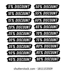 
Hand sketched DISCOUNT word as set. Sale tags 5% off, 10, 15, 20, 25, 30, 35, 40, 45, 50, 55, 60, 65, 70 percent label