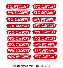 
Hand sketched DISCOUNT word as set. Sale tags 5% off, 10, 15, 20, 25, 30, 35, 40, 45, 50, 55, 60, 65, 70 percent label