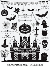 Hand Sketched Doodle Halloween Icons Set. Black Silhouettes, Cartoon Characters. Decorative Design Elements, Dividers, Swirls. Horror Symbols. Vector Illustration