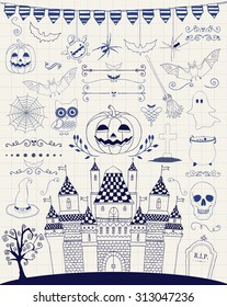 Hand Sketched Doodle Halloween Icons Set. Cartoon Characters. Decorative Design Elements, Dividers, Swirls. Horror Symbols on Notebook Paper Texture. Pen Drawing Vector Illustration.