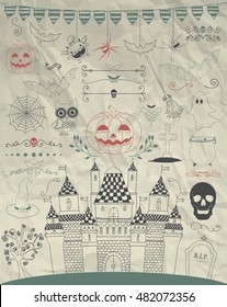 Hand Sketched Doodle Halloween Icons Set. Cartoon Characters. Decorative Design Elements, Dividers, Swirls. Horror Symbols on Crumpled Paper Texture. Pen Drawing Vector Illustration.