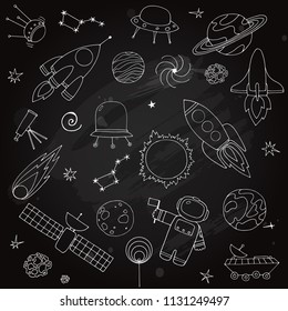 Hand sketched doodle space elements on blackboard