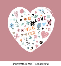  Hand sketched doodles for Saint Valentine's Day isolated in white heart on pink background. Vector illustration, template for greeting cards, invitations, scrapboking.