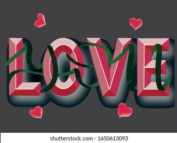 Hand sketched drawn phrase Love you ribbon 3D shadow highlight vector illustration EPS 10 lettering typography. Template for card, design, print, poster. Invitation drawn T-shirt, bag design