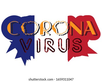 Hand sketched drawn word Coronavirus on a France flag shadow vector illustration EPS 10 lettering typography. Template for medical fond news, newspaper, card, banner, print, poster. 