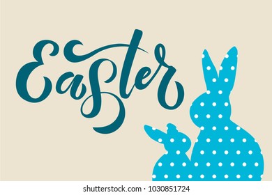Hand sketched Easter Bunny Silhouette and Happy Easter text as logotype, badge and icon. Drawn spring celebration postcard, card, invitation, poster, banner template. Lettering. Season’s Greetings.
