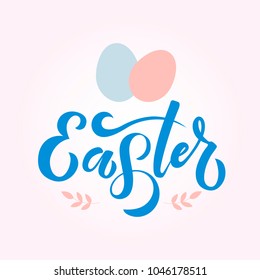 Hand sketched Easter text and eggs as Happy Easter logotype, badge and icon. Drawn spring celebration postcard, card, invitation, poster, banner template. Lettering. Season’s Greetings. EPS10 vector.