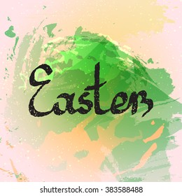 Hand sketched Easter text as logotype, badge and icon on watercolor background. Easter postcard, card, invitation, flyer, banner template. Easter lettering typography. Season's Greetings