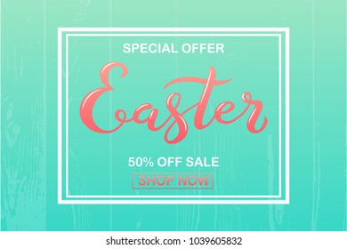 Hand sketched Easter text, sale tag. Hand drawn Easter sale special offer poster, banner template, lettering typography vector. Motivational text in frame on light blue background. Online shopping tag