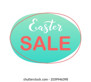 Hand sketched Easter text, sale tag. Hand drawn Easter sale special offer poster, banner template, lettering typography. Motivational text in egg shape frame on blue background. Online shopping tag.