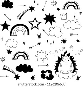 hand sketched faerie doodle elements, rainbow, stars and clouds