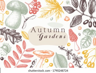 Hand sketched fall leaves wreath design. Autumn forest trendy background. Perfect for recipe, menu, label, icon, packaging. Vintage leaves, mushrooms, nuts, seeds template. Botanical illustration