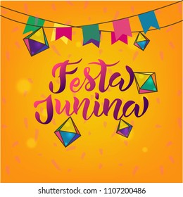 Hand sketched Festa Junina text with party flags and lantern. Vector illustration for Brazil June Festival. Great for greeting card, logo, badge, icon, card, invitation and banner template.