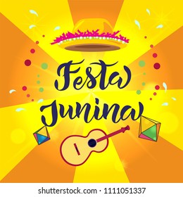 Hand sketched Festa Junina text with party flags and lantern. Vector illustration for  Brazil June Festival. Great for greeting card, logo, badge, icon, card, invitation and banner template.