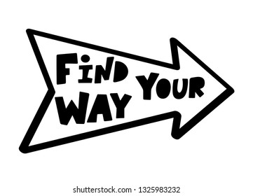 Hand sketched find your way on the directory T-shirt texture lettering typography. Drawn inspirational quotation, motivational quote. Fortune logotype, badge, poster, print, tag.  Vector illustration.
