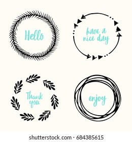 Hand sketched floral circle elements set. Floral doodles, branches, leaves and frames with text. Good for birthday cards, Wedding invitations and other cards.