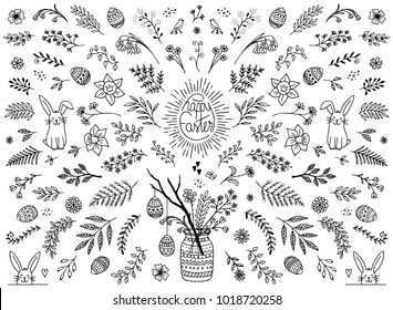 Hand sketched floral design elements for Easter, flowers, leaves, Easter eggs and bunny for text decoration