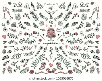 Hand sketched floral design elements for wedding cards, flowers and leaves for text decoration