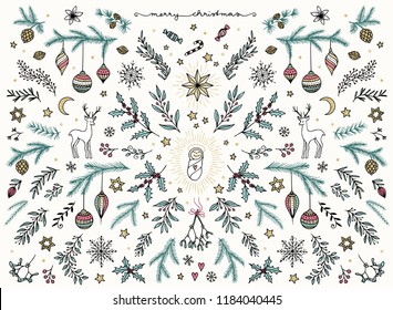 Hand sketched floral design elements for Christmas