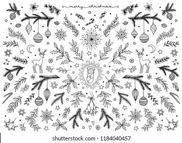 Hand sketched floral design elements for Christmas