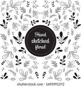 Hand sketched floral design elements, flowers and leaves for text decoration