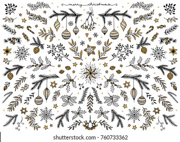 	
Hand sketched floral design elements for Christmas: pine tree branches, holly, mistletoe and other floral ornaments for text decoration, black ink with gold foil